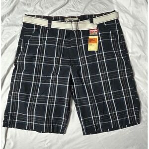 Wrangler Jeans Co Mens 38 Loose Fit Plaid Shorts Navy Blue Cotton With Belt NWT